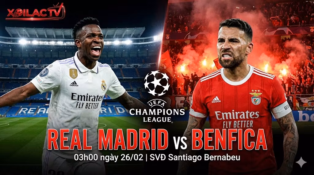 Banner trận Real Madrid vs Benfica tại Cúp C1 trên Xoilac TV.