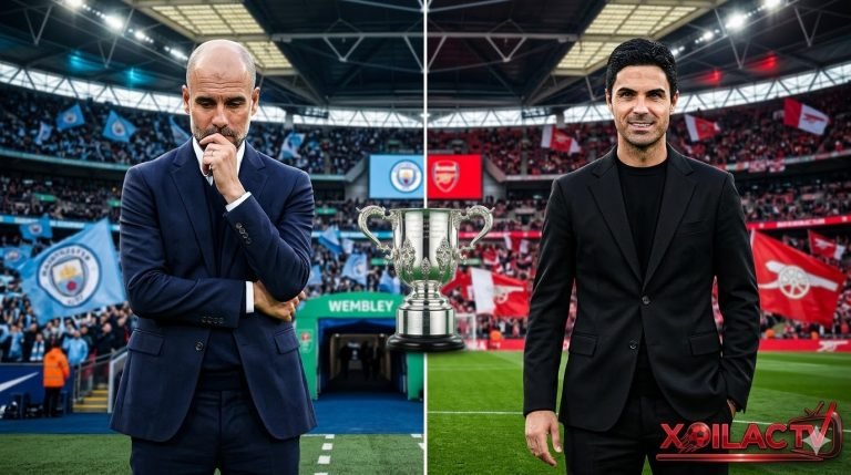 nhận định Arsenal vs Man City: Mikel Arteta tự tin đối đầu Pep Guardiola trầm ngâm tại chung kết Carabao Cup trên sân Wembley. Xoilac TV.