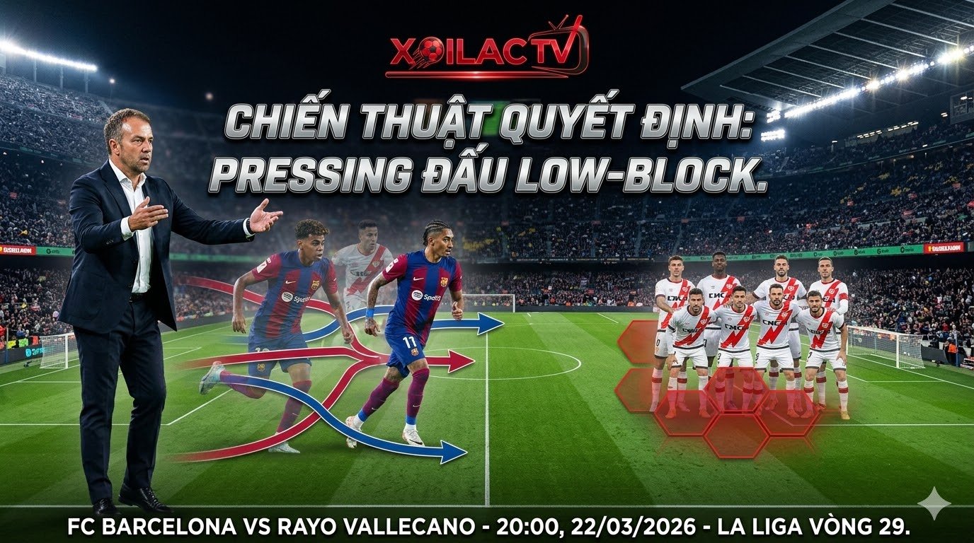 Đồ họa phân tích chiến thuật trận Barcelona vs Rayo Vallecano, so sánh lối chơi pressing tầm cao và low-block, ảnh bìa từ Xoilac TV