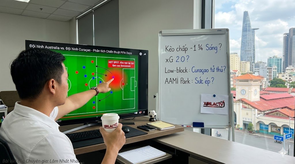 Góc nhìn 'behind-the-scenes' của chuyên gia Lâm Nhất Nhất tại văn phòng Quận 1, HCM, đang phân tích sơ đồ chiến thuật và kèo chấp trận Australia vs. Curaçao với Bitexco và chợ Bến Thành ở hậu cảnh.