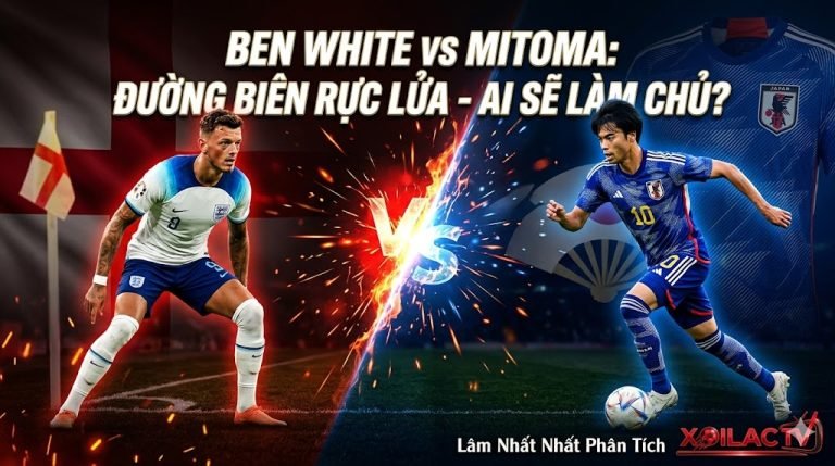 Phân tích điểm nóng đối đầu trực tiếp giữa Ben White và Kaoru Mitoma trong trận Anh vs Nhật Bản, bản quyền hình ảnh thuộc về Xoilac TV.