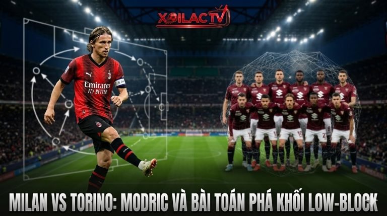 Đồ họa phân tích chiến thuật trận Milan vs Torino, Luka Modric phá khối low-block của Torino, ảnh bìa từ Xoilac TV.