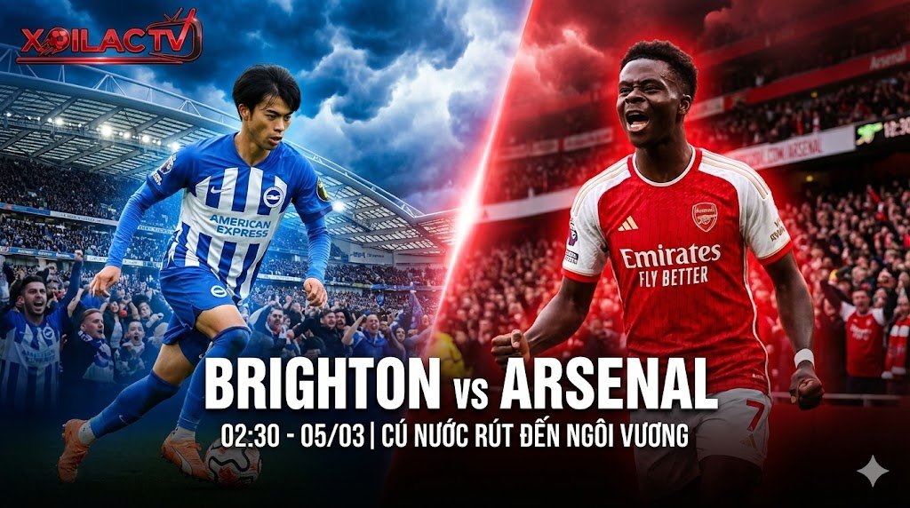 Ảnh đại diện bài nhận định bóng đá Brighton vs Arsenal ngày 05/03 trên Xoilac TV. Hình ảnh đối đầu giữa Kaoru Mitoma và Bukayo Saka tại sân vận động Amex trong cuộc đua vô địch.
