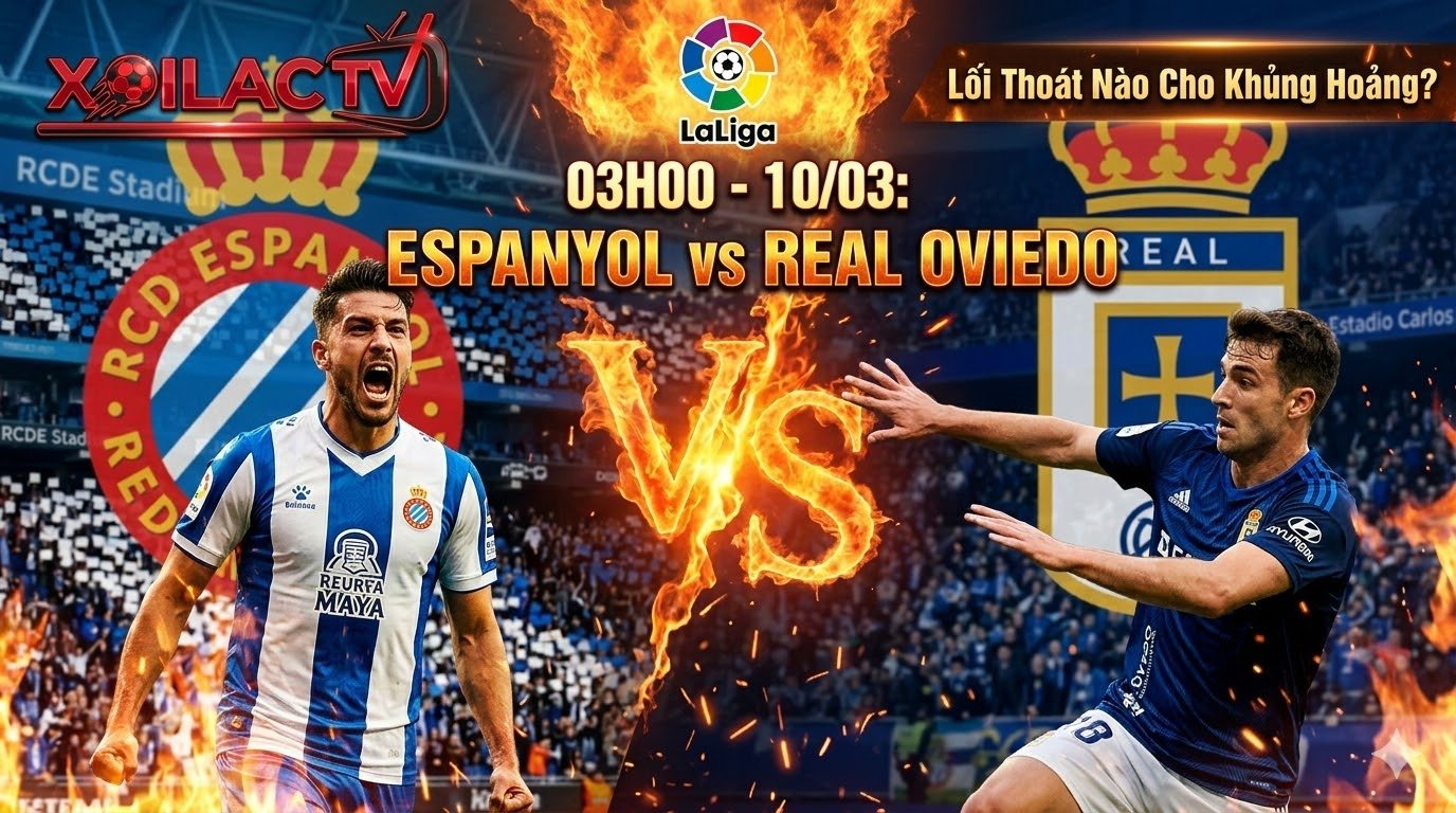 Hình ảnh đối đầu rực lửa giữa tiền đạo Kike García của Espanyol đang dứt điểm và hậu vệ Real Oviedo phòng ngự, kèm thông tin trận đấu 03h00 ngày 10/03 và logo Xoilac TV.