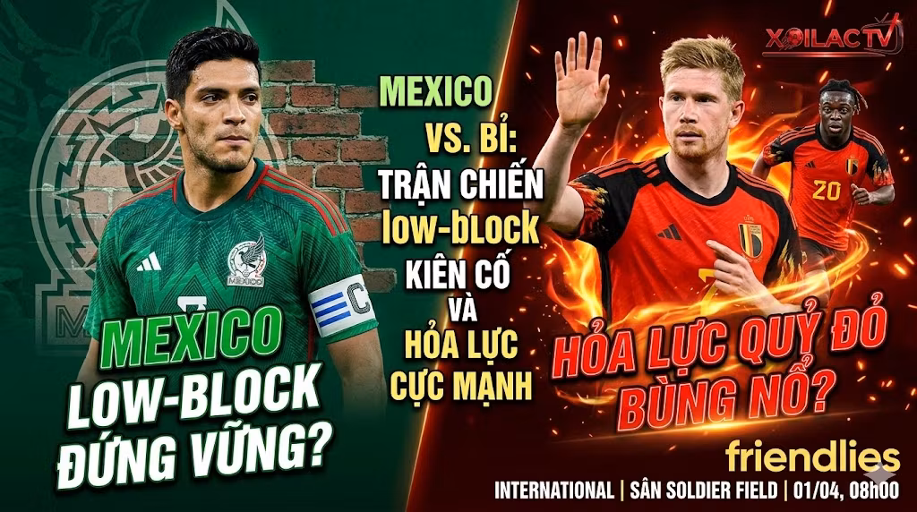 Nhận định Mexico vs Bỉ: Sự đối lập chiến thuật giữa bức tường phòng ngự low-block của Mexico và hỏa lực tấn công rực lửa của tuyển Bỉ trên Xoilac TV.