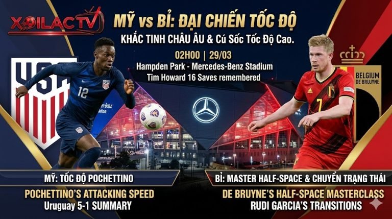Scott McTominay và Kevin De Bruyne đối đầu trong ảnh bìa nhận định trận giao hữu quốc tế Mỹ vs Bỉ lúc 02h30 ngày 29/03, kèm tiêu đề 'Cuộc chiến Chuyển trạng thái' và logo Xoilac TV.