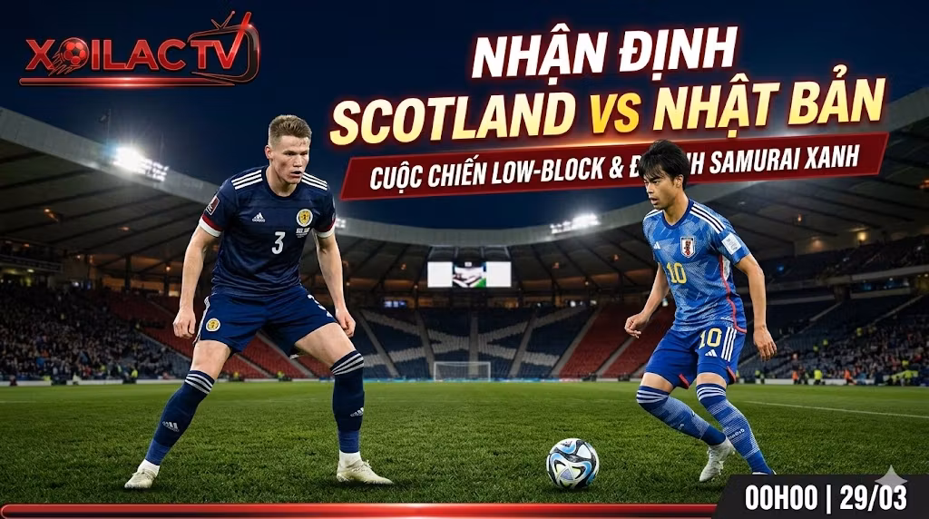 Hình ảnh tính năng trận Scotland đấu Nhật Bản: Scott McTominay (xanh navy) đối đầu Kaoru Mitoma (xanh lam) tại sân Hampden Park, kèm tiêu đề bài viết và logo Xoilac TV.