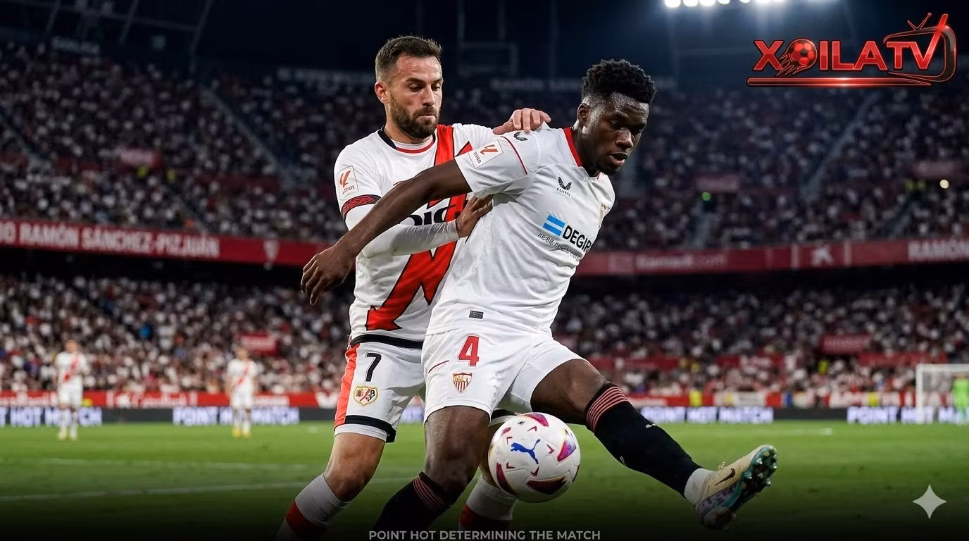 Pha tranh chấp bóng kịch tính giữa Lucien Agoumé của Sevilla và Isi Palazón của Rayo Vallecano minh họa cho điểm nóng trung tuyến tại vòng 27 La Liga.