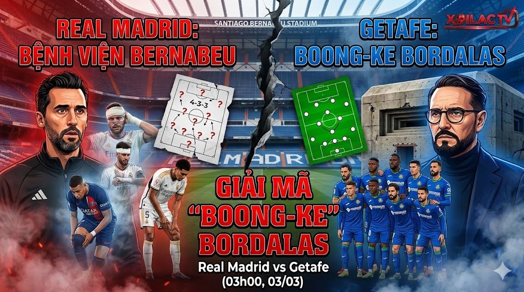 Real Madrid ("Bệnh viện" với Arbeloa lo lắng và cầu thủ chấn thương) và Getafe ("Boong-ke" với Bordalas và hàng phòng ngự thép). Vết nứt lớn chia đôi sân Santiago Bernabeu ở giữa.