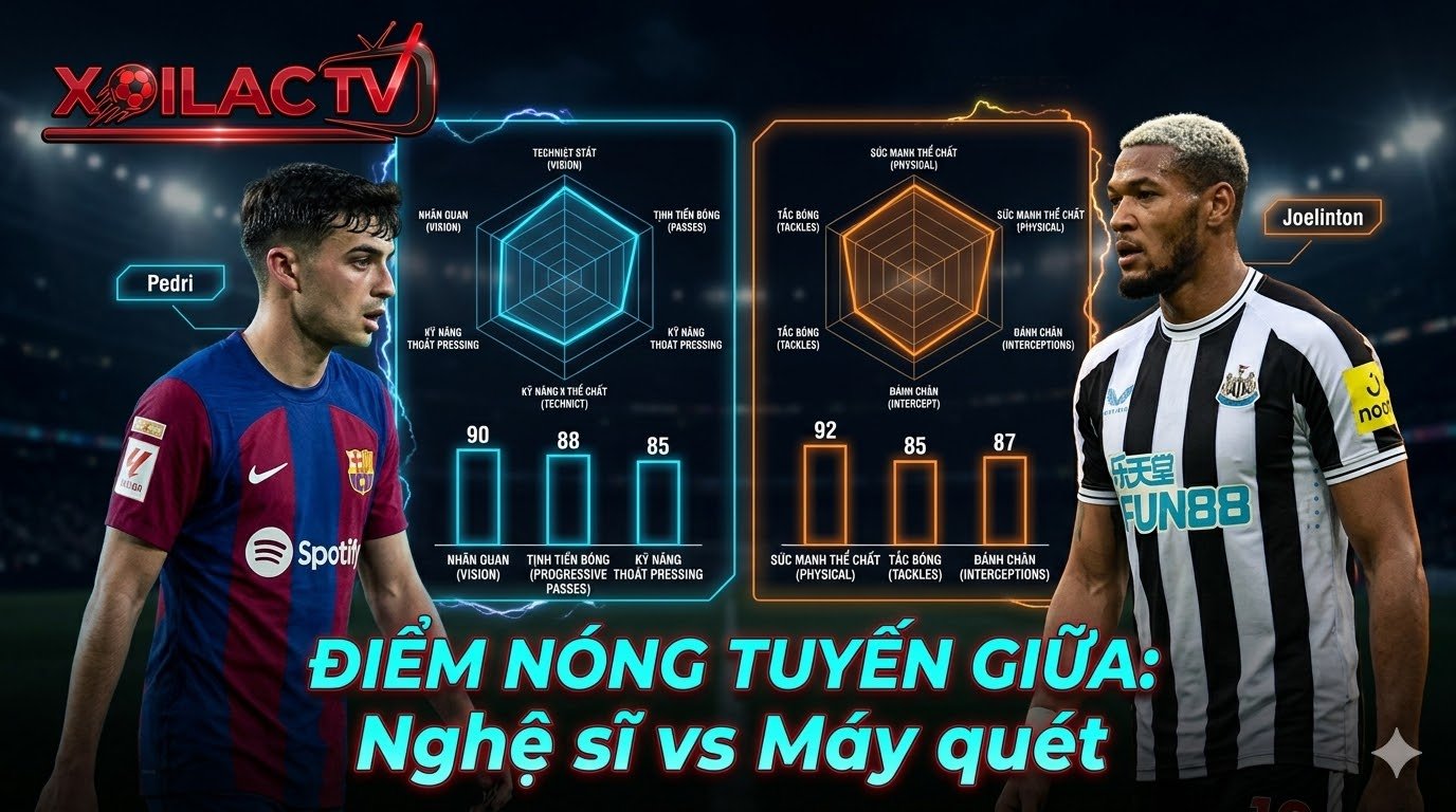 Đồ họa so sánh chỉ số sức mạnh giữa Pedri và Joelinton. Điểm nóng tuyến giữa quyết định cục diện trận đấu Barca vs Newcastle.