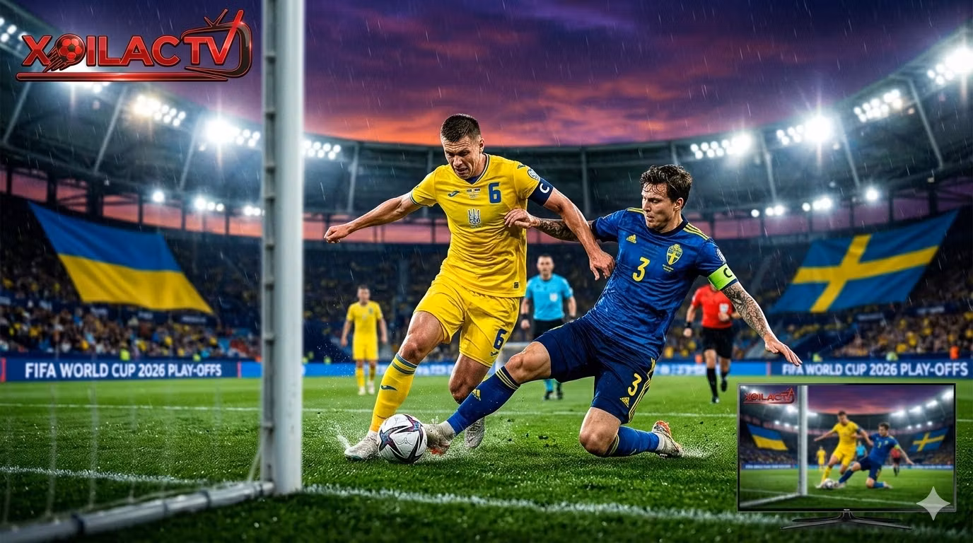 Ảnh đại diện trận Ukraine vs Thụy Điển tại bán kết play-off World Cup 2026, chụp cận cảnh hai đội trưởng chạm trán quyết liệt trên sân Estadion Ciudad de Valencia, xem trực tiếp tại Xoilac TV.