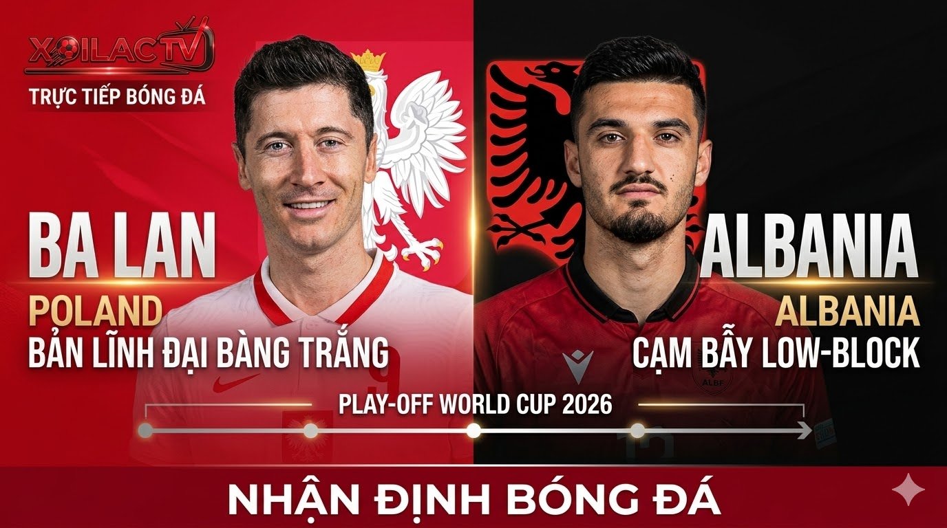 Ảnh bìa nhận định bóng đá trận Ba Lan vs Albania Play-off World Cup 2026 trên Xoilac TV. So sánh chân dung Lewandowski (Ba Lan) và Broja (Albania) cùng các biểu tượng quốc gia và khẩu hiệu chiến thuật.