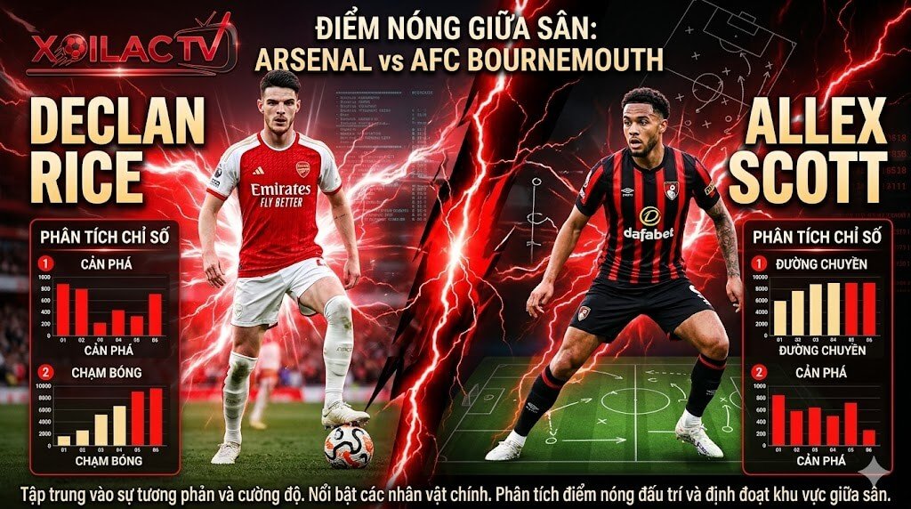 Ảnh ghép tương phản mạnh mô tả cuộc đối đầu trực tiếp giữa Declan Rice và Alex Scott trong trận Arsenal vs Bournemouth, hiển thị các số liệu thống kê cản phá, chạm bóng, đường chuyền và logo Xoilac TV.