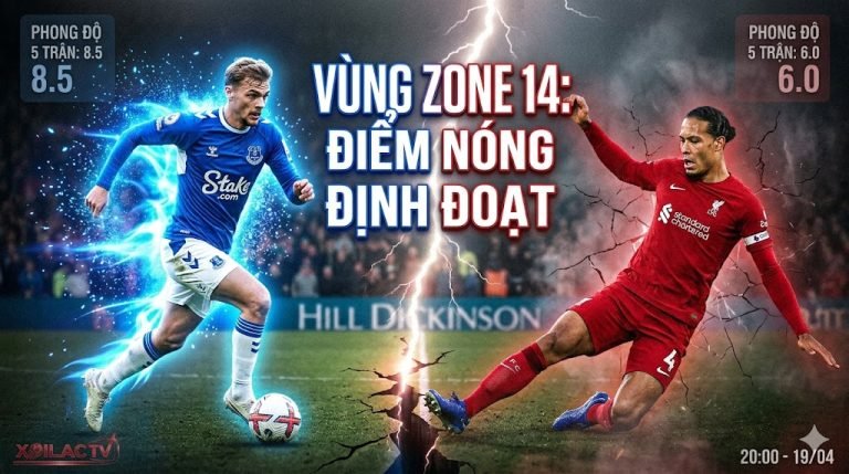 Điểm nóng trận đấu Everton vs Liverpool: Cuộc chạm trán nảy lửa định đoạt cục diện ở khu vực Zone 14 giữa tiền vệ K. Dewsbury-Hall và trung vệ Virgil van Dijk.