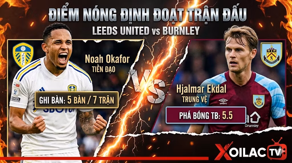 Điểm nóng đối đầu định đoạt trận Leeds vs Burnley tại Ngoại hạng Anh: Cuộc đụng độ giữa tiền đạo Noah Okafor và trung vệ Hjalmar Ekdal.