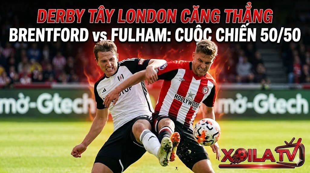 Nhận định Brentford vs Fulham: Tình huống tranh chấp quyết liệt ở tuyến giữa thể hiện sức nóng của trận Derby Tây London trên Xoilac TV.