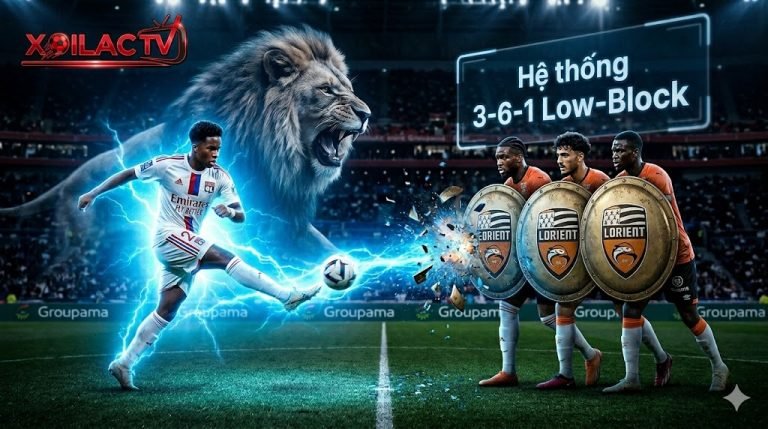 Hình ảnh nhận định chiến thuật trận Lyon vs Lorient, minh họa sức mạnh tấn công của Lyon đối đầu khối phòng ngự low-block của Lorient do chuyên gia Xoilac TV phân tích.