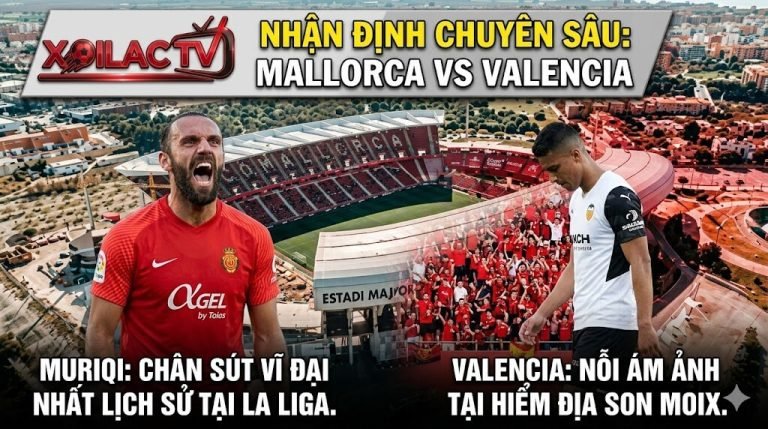 Hình ảnh so sánh chân sút Vedat Muriqi và sự thất vọng của cầu thủ Valencia tại sân Son Moix trong bài nhận định chuyên sâu từ Xoilac TV.