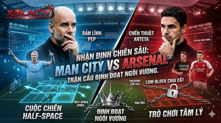 Nhận định Man City vs Arsenal: Cuộc đối đầu định đoạt ngôi vương Ngoại hạng Anh giữa Pep Guardiola và Mikel Arteta trên Xoilac TV.
