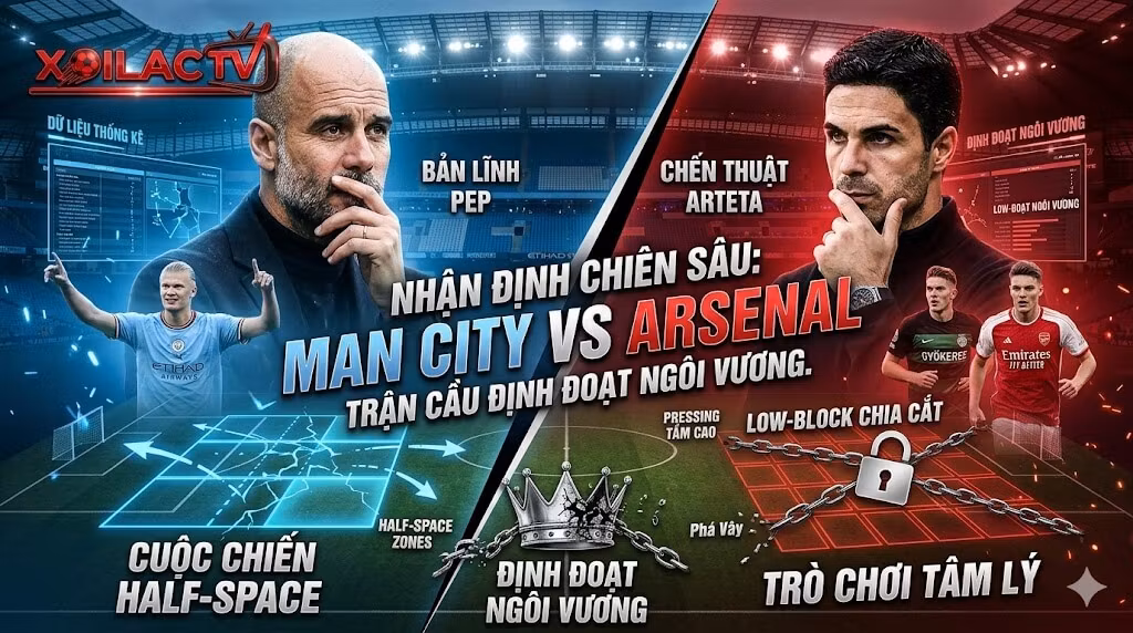 Nhận định Man City vs Arsenal: Cuộc đối đầu định đoạt ngôi vương Ngoại hạng Anh giữa Pep Guardiola và Mikel Arteta trên Xoilac TV.