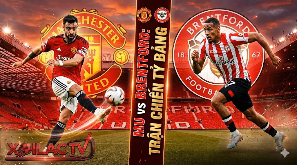 Hình ảnh đối đầu căng thẳng giữa Bruno Fernandes và Igor Thiago trong bài nhận định MU vs Brentford vòng 34 Ngoại hạng Anh tại Xoilac TV.