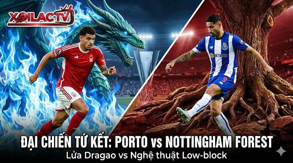 Hình ảnh thumbnail nhận định trận đấu tứ kết Europa League giữa FC Porto và Nottingham Forest, hiển thị Morgan Gibbs-White đối đầu Alan Varela với hiệu ứng Rồng xanh chọi Cội rễ đỏ, được cung cấp độc quyền bởi Xoilac TV.
