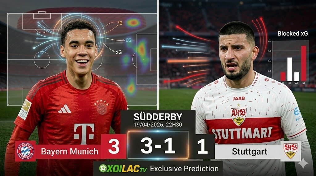 Đồ họa split-screen dự đoán tỷ số 3-1 cho trận Bayern Munich vs Stuttgart. Bên trái là Jamal Musiala (Bayern áo đỏ) với sơ đồ chiến thuật xung quanh đầu và điểm số 3. Bên phải là Deniz Undav (Stuttgart áo trắng) với các đường áp lực chiến thuật và điểm số 1. Banner phía dưới ghi "SÜDDERBY 19/04/2026, 22H30" và "Xoilac TV Exclusive Prediction".