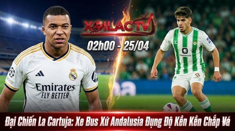 Ảnh bìa Xoilac TV: Kylian Mbappe và Abde Ezzalzouli đối đầu, trận đấu Betis vs Real Madrid La Liga 25/4/2026.
