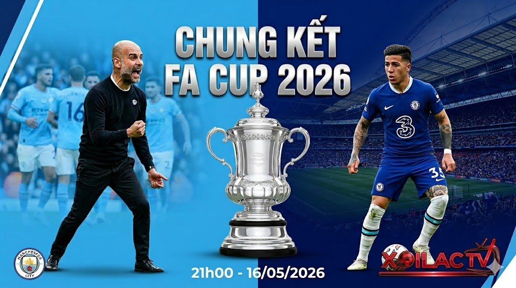 Banner quảng cáo trận chung kết FA Cup 2026 giữa Man City và Chelsea: Pep Guardiola và Enzo Fernandez đối diện chiếc cúp FA sáng bóng trên nền Wembley mờ, bao gồm logo Xoilac TV.