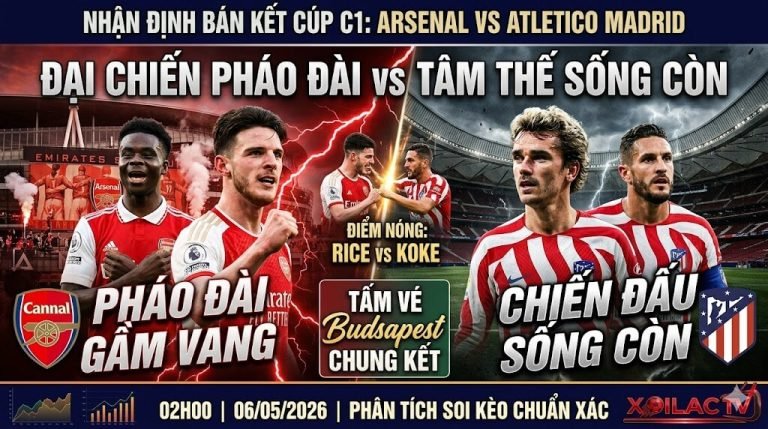 Ảnh bìa nhận định bóng đá Cúp C1: Sự đối lập giữa Arsenal của Mikel Arteta và Atletico Madrid của Diego Simeone tại Xoilac TV.