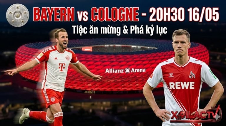 Nhận định bóng đá trận Bayern Munich vs Cologne vòng 34 Bundesliga cùng chuyên gia Xoilac TV. Hình ảnh Harry Kane ăn mừng tại chảo lửa Allianz Arena.