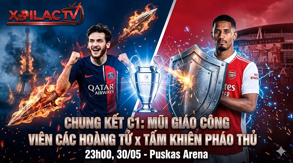 Hình ảnh nhận định trực tiếp PSG vs Arsenal chung kết Cúp C1 2025/26, cuộc đối đầu nảy lửa giữa hàng công PSG và hàng thủ Arsenal từ chuyên gia Xoilac TV.