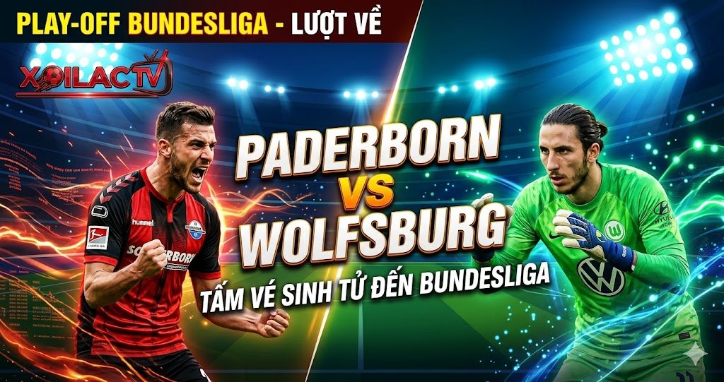 Nhận định soi kèo Paderborn vs Wolfsburg lúc 1h30 ngày 26/05. Tấm vé sinh tử quyết định thăng hạng Bundesliga - Đồ họa Xoilac TV.