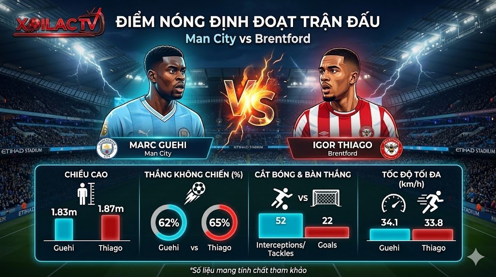 Điểm nóng định đoạt trận đấu: Đồ họa so sánh chỉ số sức mạnh đối đầu trực tiếp giữa trung vệ Marc Guehi (Man City) và tiền đạo Igor Thiago (Brentford) từ chuyên gia Xoilac TV.
