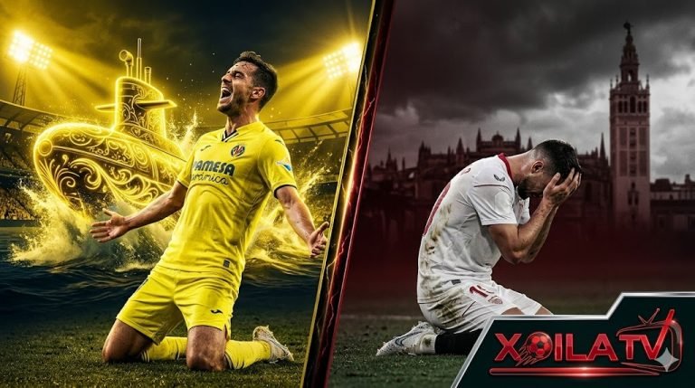 Banner bài viết đại chiến Villarreal vs Sevilla vòng 36 La Liga, thể hiện sự đối lập giữa Tàu Ngầm Vàng ăn mừng và Sevilla thất vọng bế tắc.