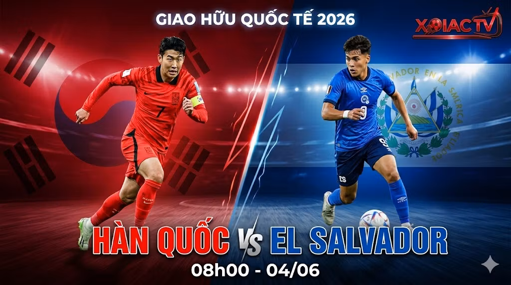 Poster giới thiệu trận giao hữu bóng đá quốc tế giữa Hàn Quốc và El Salvador năm 2026, với hình ảnh Son Heung-min bứt tốc và Nathan Ordaz đi bóng.