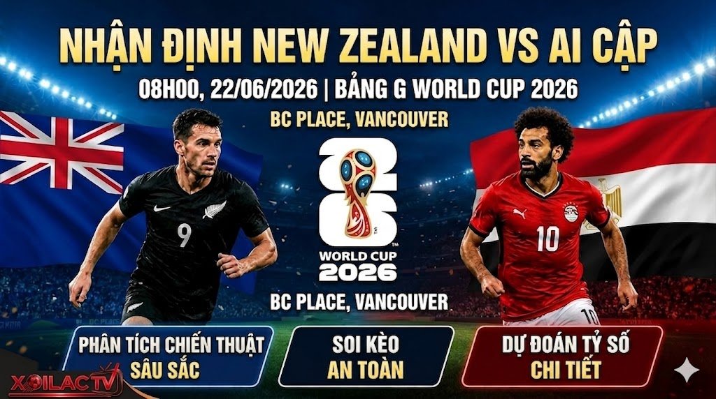 Poster trận đấu World Cup 2026 giữa New Zealand vs Ai Cập tại sân BC Place, Vancouver, với sự góp mặt của Chris Wood và Mohamed Salah.