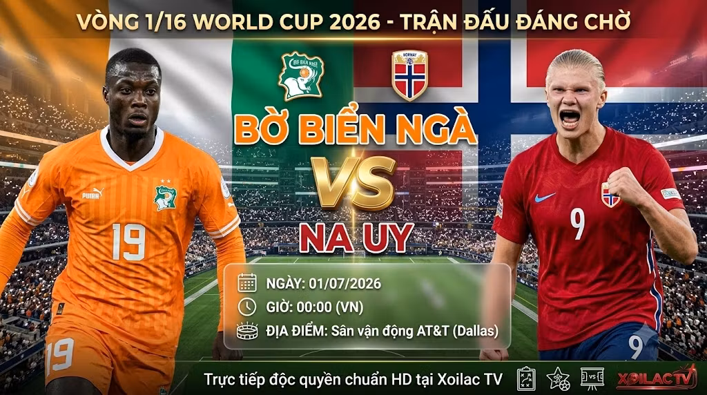 Ảnh bìa nhận định Bờ Biển Ngà vs Na Uy vòng 1/16 World Cup 2026 với sự góp mặt của Nicolas Pépé và Erling Haaland, xem trực tiếp bóng đá tại Xoilac TV.