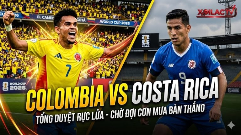 Nhận định trận bóng đá giao hữu Colombia vs Costa Rica tại Xoilac TV, so sánh hình ảnh Luis Diaz ăn mừng rực rỡ (trái) và cầu thủ Costa Rica (phải) trên nền sân vận động World Cup 2026 mờ ảo.
