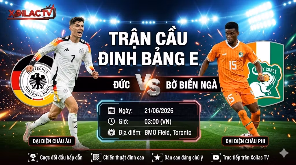 Ảnh bìa nhận định trận đấu Đức vs Bờ Biển Ngà tại vòng bảng World Cup 2026, phát trực tiếp Full HD trên Xoilac TV.