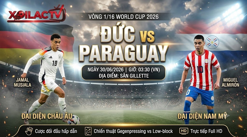 Nhận định Đức vs Paraguay vòng 1/16 World Cup 2026 - Phân tích chiến thuật trực tiếp bóng đá cùng Xoilac TV.