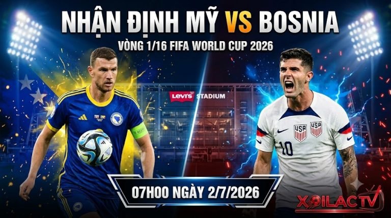 Ảnh bìa infographic nhận định trận Mỹ vs Bosnia vòng 1/16 World Cup 2026 với Christian Pulišić và Edin Džeko, logo Levi's Stadium và XOILAC TV