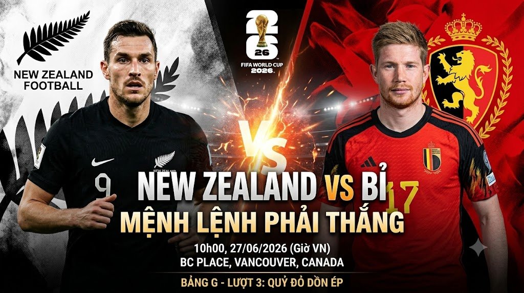 Ảnh bìa nhận định trận đấu New Zealand vs Bỉ tại vòng bảng World Cup 2026, điểm nhấn cuộc đối đầu giữa Chris Wood và Kevin De Bruyne.