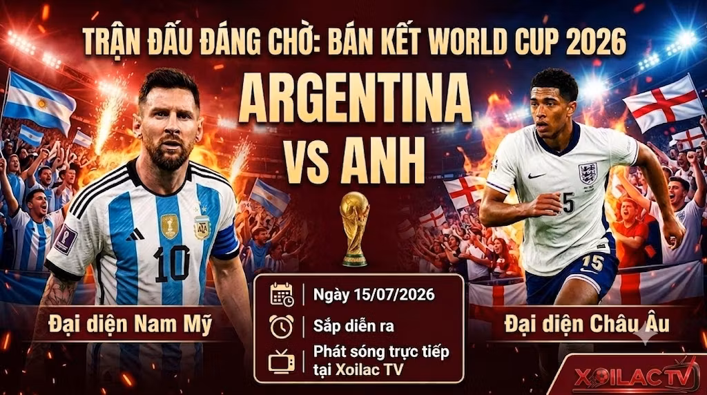 Poster trực tiếp trận đại chiến bán kết World Cup 2026 giữa Argentina và Anh với sự góp mặt của Messi và Bellingham phát sóng trên Xoilac TV.