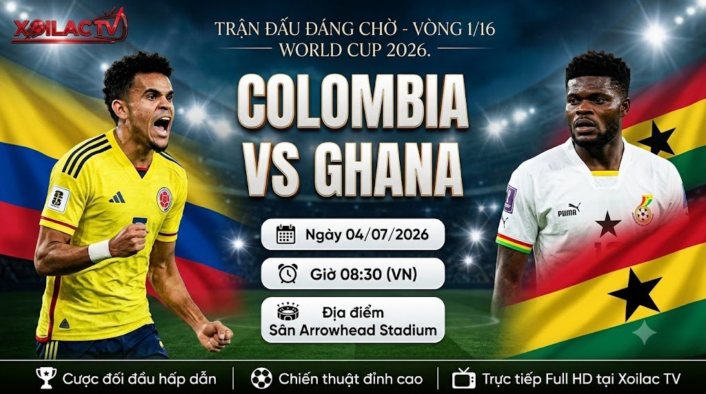 Ảnh bìa trận đấu Colombia vs Ghana, Vòng 1/16 World Cup 2026, với Luis Díaz và Thomas Partey