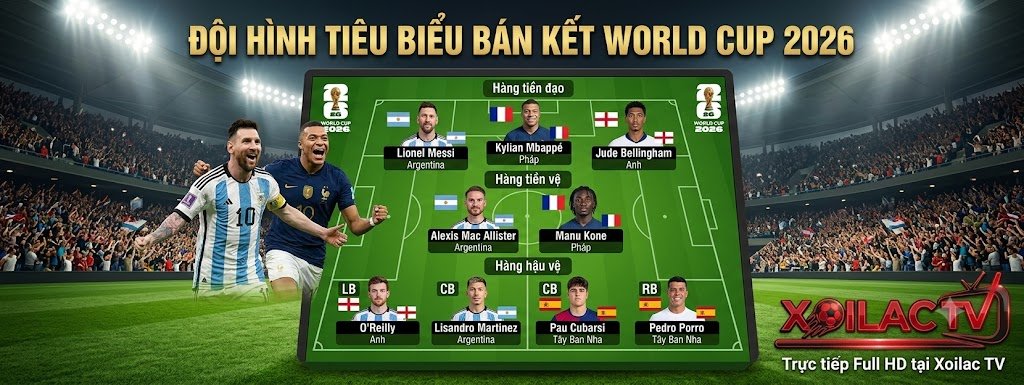 Đội hình tiêu biểu bán kết World Cup 2026 hội tụ các siêu sao Messi, Mbappe và Bellingham. Xem trực tiếp bóng đá Full HD tốc độ cao tại Xoilac TV.