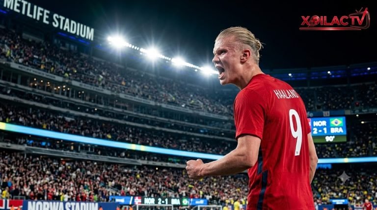 Erling Haaland ăn mừng cảm xúc sau khi ghi bàn ấn định chiến thắng 2-1 cho Na Uy trước Brazil tại vòng 1/8 World Cup 2026.