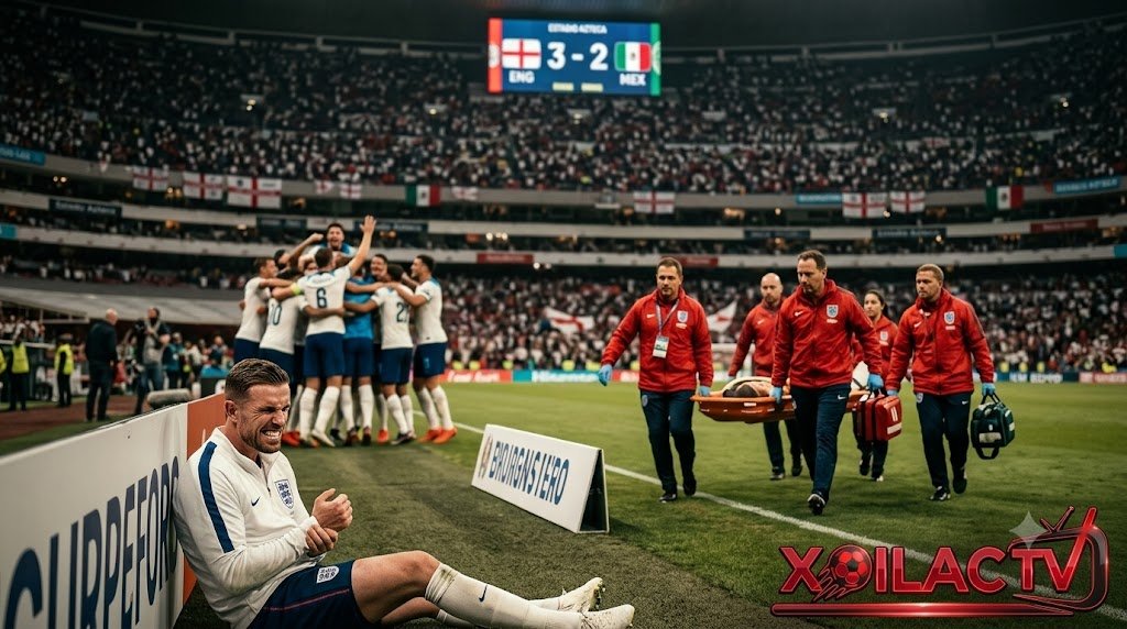 Tiền vệ Jordan Henderson đau đớn vì chấn thương gãy cổ tay bên cạnh bảng quảng cáo sau trận thắng của tuyển Anh trước Mexico tại vòng 1/8 World Cup 2026.