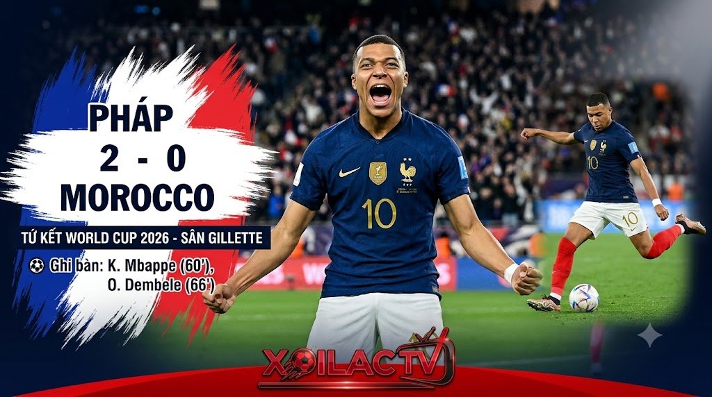 Kết quả tứ kết World Cup 2026 Pháp 2-0 Morocco với màn tỏa sáng của Kylian Mbappe cập nhật trên Xoilac TV.