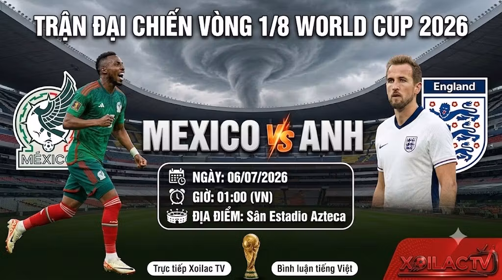 Nhận định và soi kèo trận đại chiến giữa Mexico vs Anh tại vòng 1/8 World Cup 2026 lúc 01h00 ngày 06/07 trên kênh trực tiếp bóng đá Xoilac TV.
